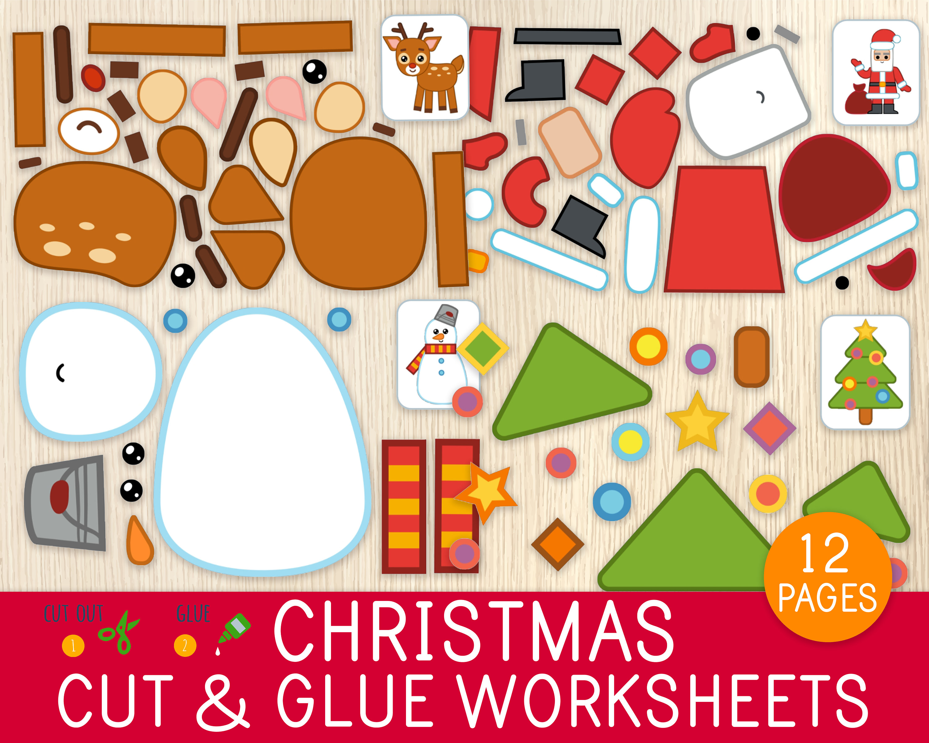 Christmas cut glue worksheets activity pages cut and paste preschool kindergarten christmas game scissor skills cutting practice