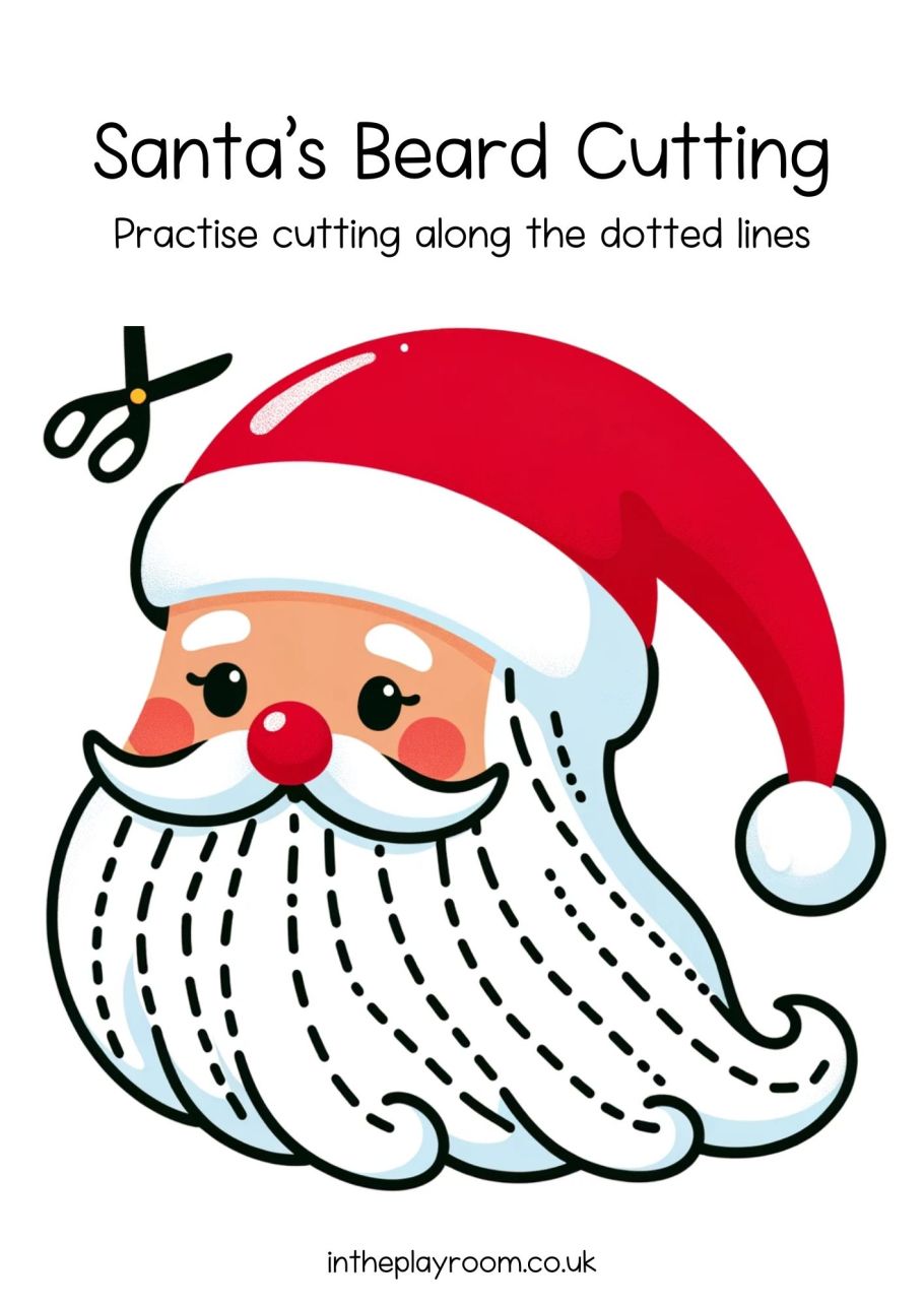 Santa beard cutting printable pages of free christmas scissor skills