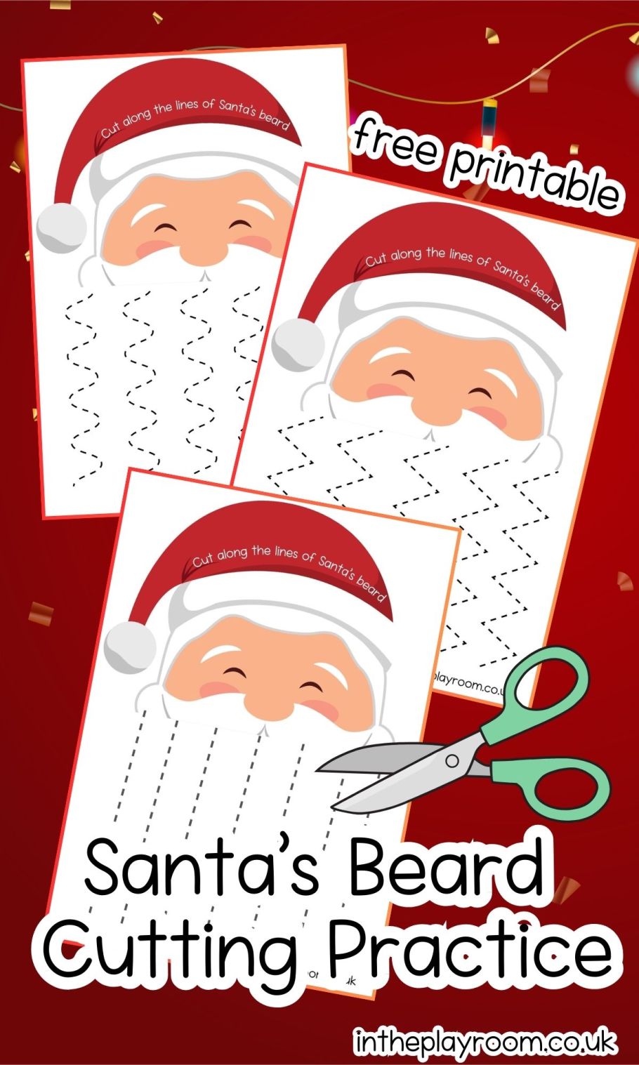 Santa beard cutting printable pages of free christmas scissor skills