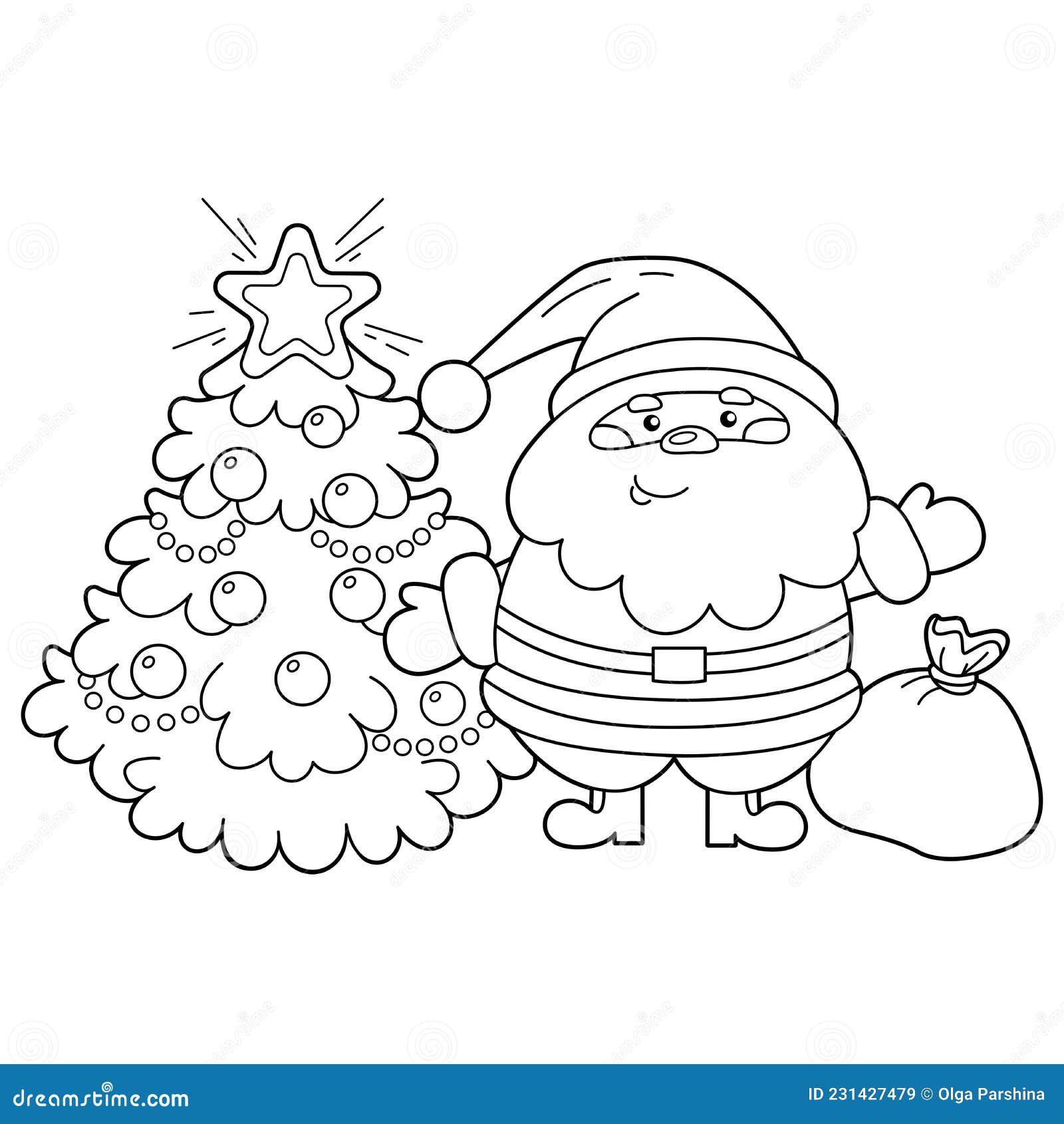 Coloring page outline of santa claus with gifts bag and christmas tree new year christmas stock vector