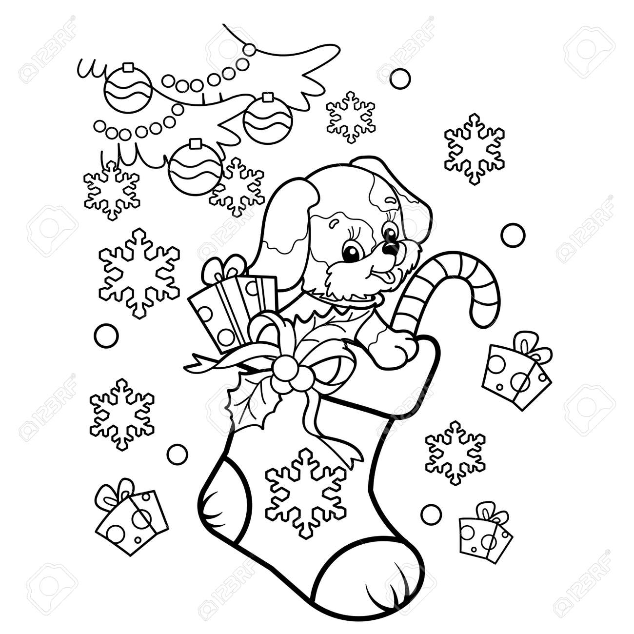 Coloring page outline of christmas boot or sock with gifts and sweets and with little dog christmas new year coloring book for kids royalty free svg cliparts vectors and stock illustration image