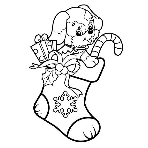 Coloring page outline of christmas boot or sock with gifts and sweets and with little dog christmas new year coloring book for kids stock illustration