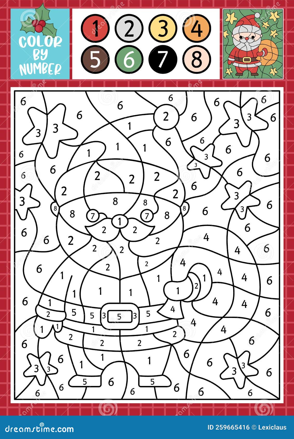Vector christmas color by number activity with cute kawaii santa claus with sack winter holiday scene stock vector