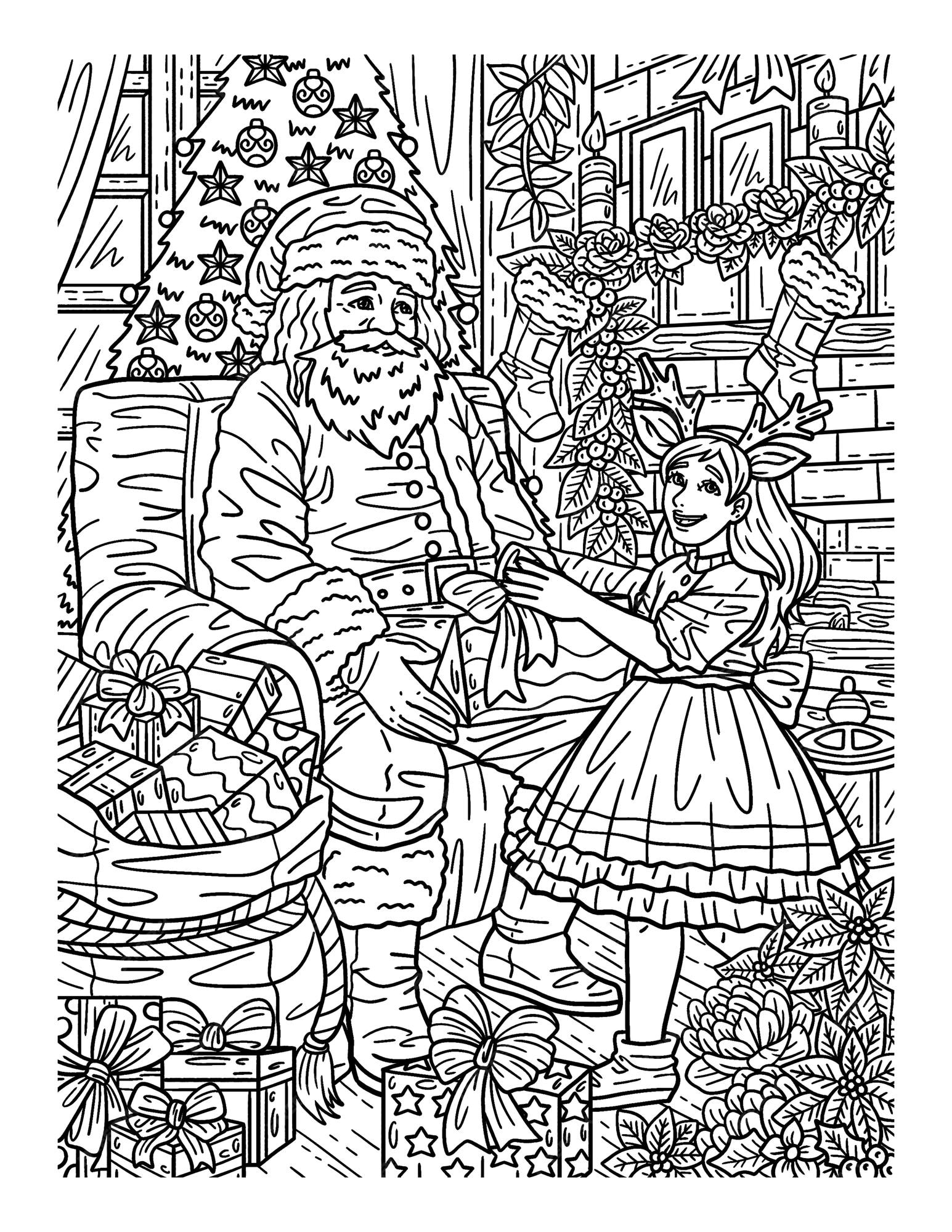 Premium vector christmas santa giving gift adults coloring page