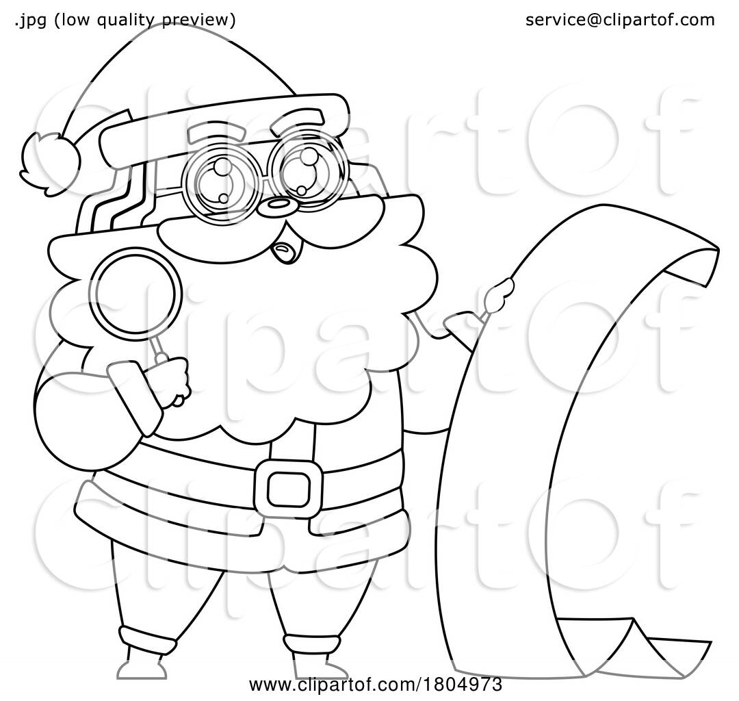 Cartoon black and white xmas santa claus checking his list by hit toon