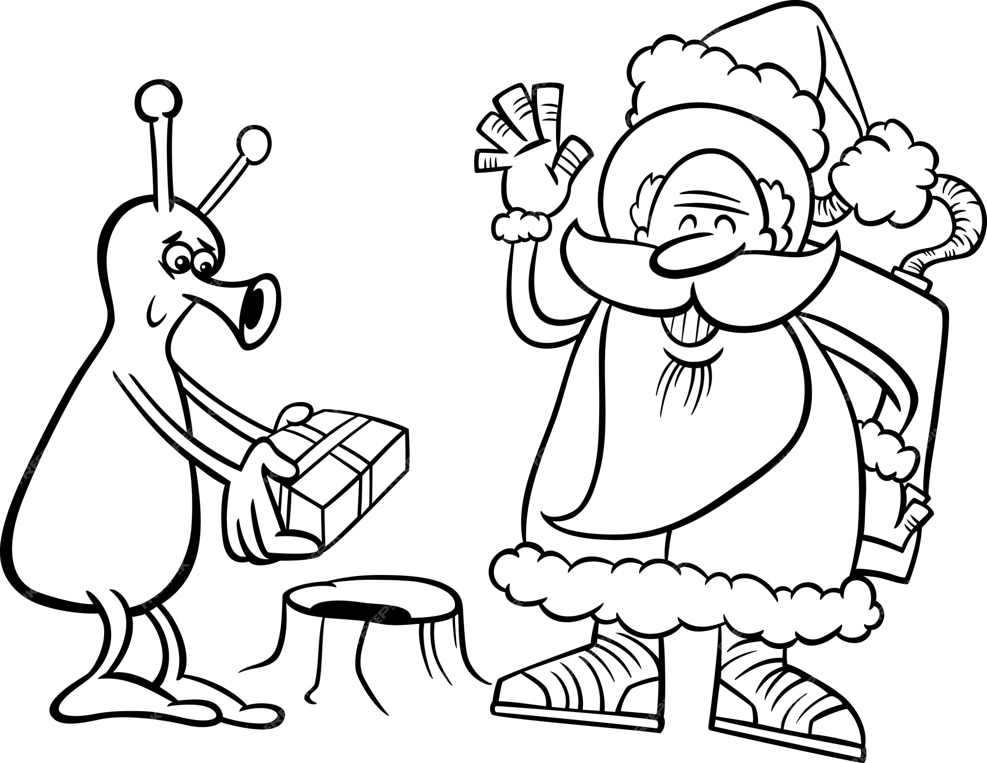 Premium vector santa claus and alien coloring page