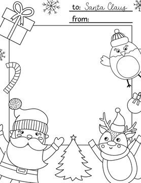 Vector black and white letter to santa claus template cute christmas card design winter frame layout for kids with funny characters festive background or coloring page with place for text