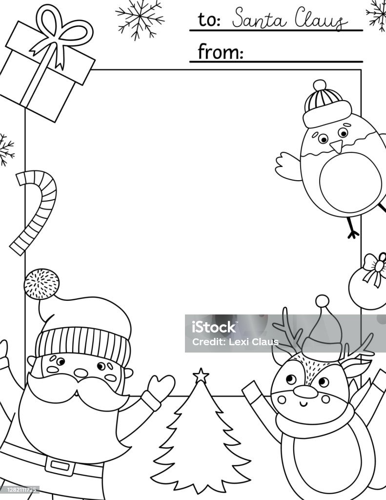 Vector black and white letter to santa claus template cute christmas card design winter frame layout for kids with funny characters festive background or coloring page with place for text stock illustration