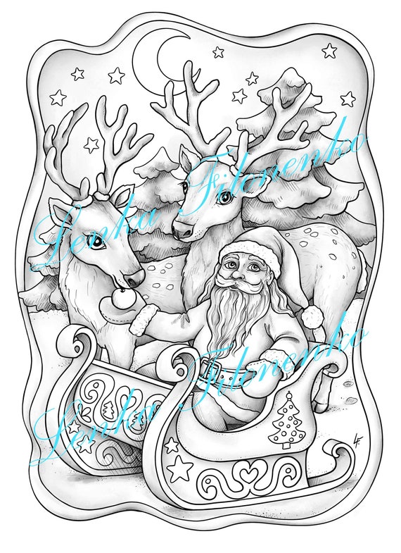 Dibujo para colorear para adultos papã noel navideão y renos escala de grises descargar e imprimir en pdf