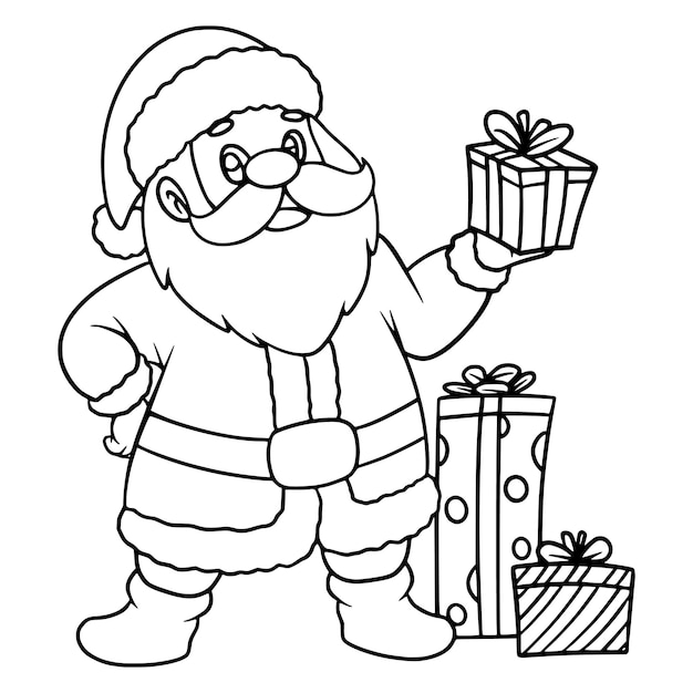 Premium vector santa with gift boxes coloring page