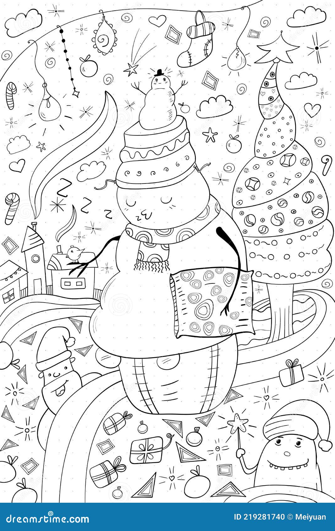 Kawaii christmas holiday illustration snowman santa claus christmas tree zentangle doodling patterns for coloring page or book stock vector