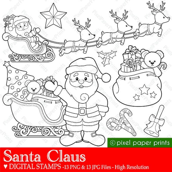 Santa claus digital stamps christmas clipart line art for crafts christmas cards coloring pages worksheets diy decorations more