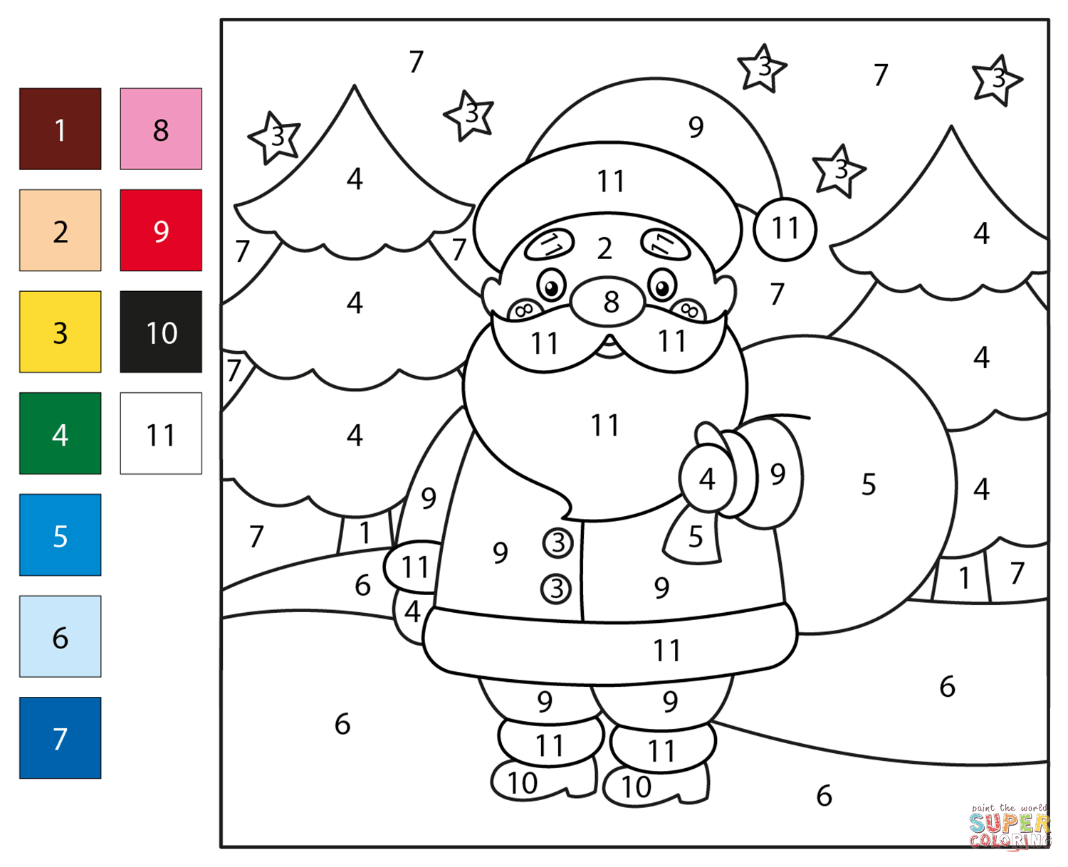 Santa claus color by number free printable coloring pages