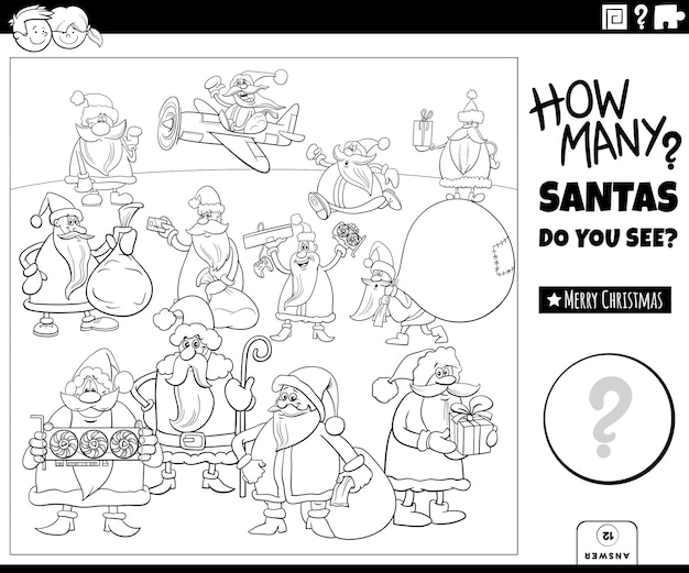 Premium vector counting cartoon santa clauses game coloring page