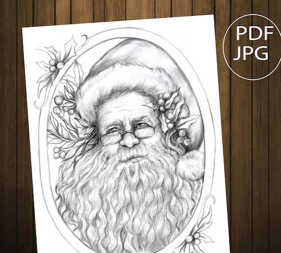 Santa claus portrait coloring page pdf grayscale christmas coloring coloring pages for adult printable instant download letter size