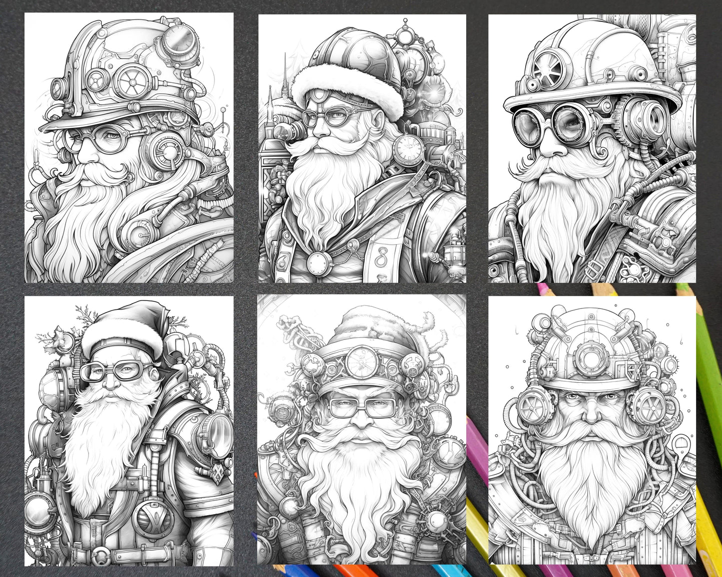 Steampunk santa claus grayscale coloring pages for adults printabl â coloring