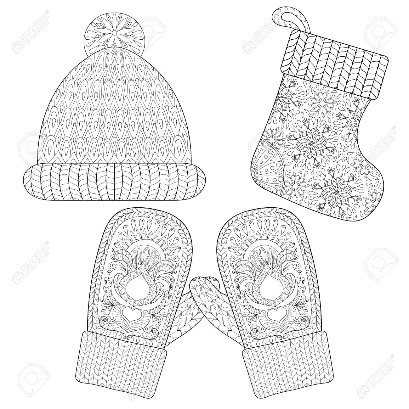 Winter knitted sock for gift from santa cap glove mittens in style hand drawn christmas decorative elements for adult coloring book vector illustration for new year royalty free svg cliparts vectors