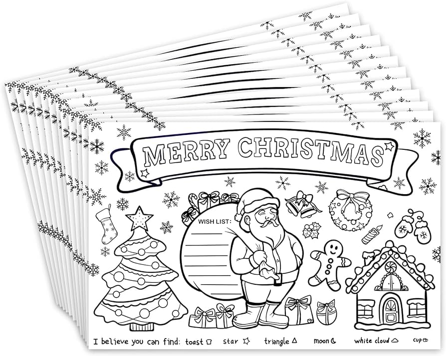 Âx âdisposable christmas coloring paper placemats santa coloring activity paper mats for table decorationsdiy coloring table placemats for christmas party decor sheet home kitchen