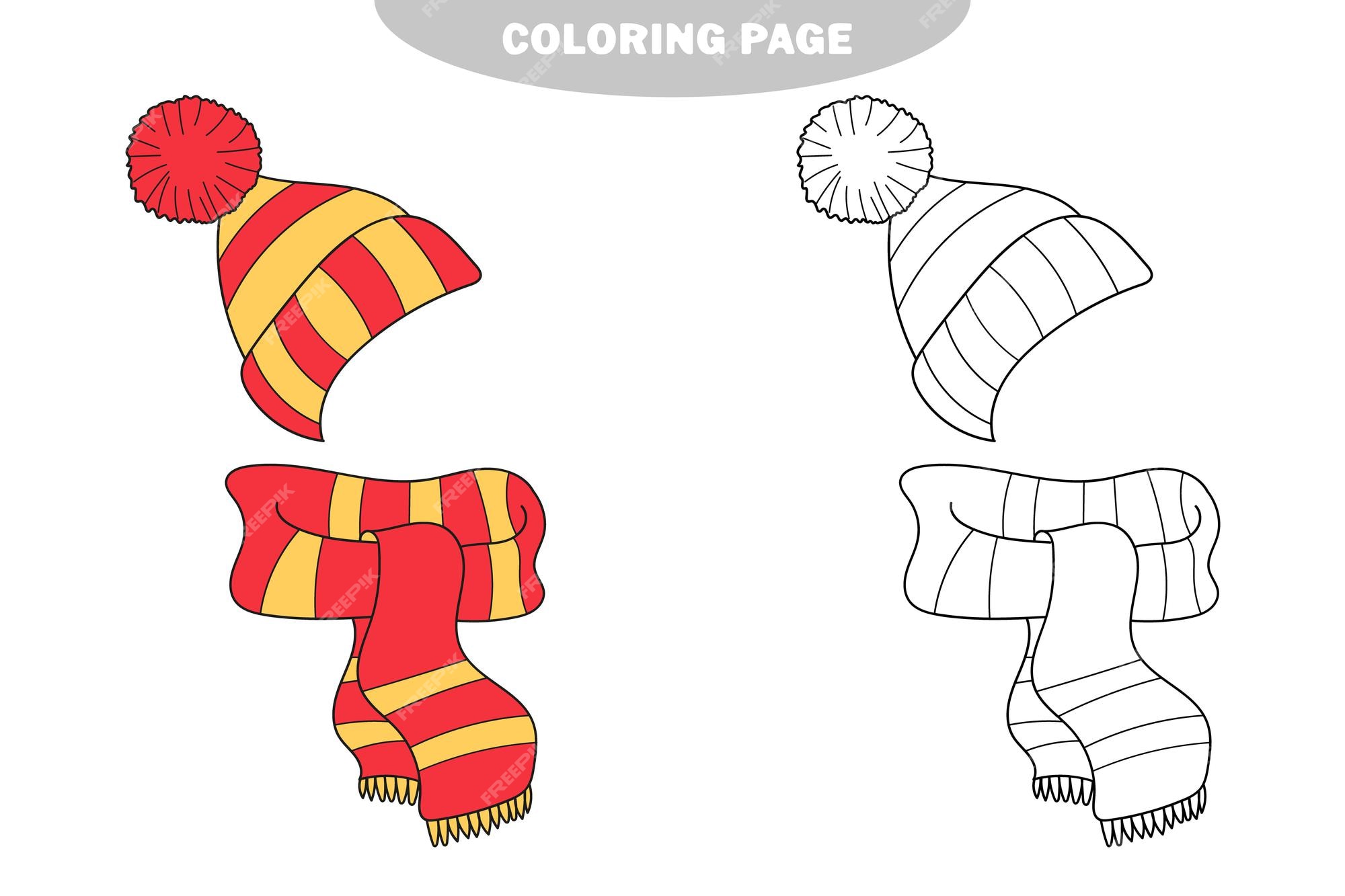 Premium vector simple coloring page education game warm winter scarf and hat