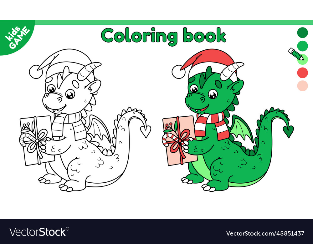 Kids coloring page with dragon in christmas hat vector image