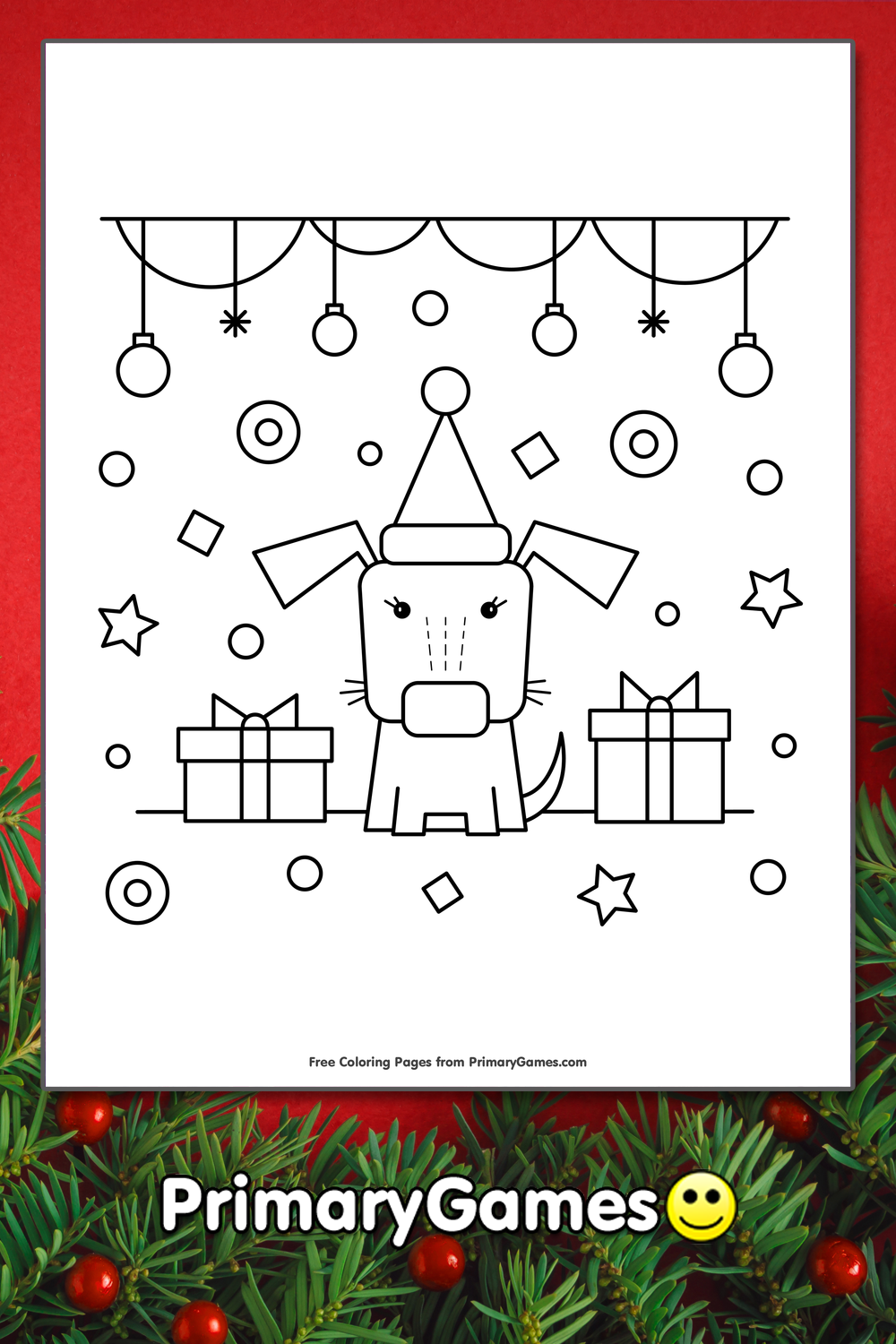 Dog with santa hat and christmas presents coloring page â free printable pdf from