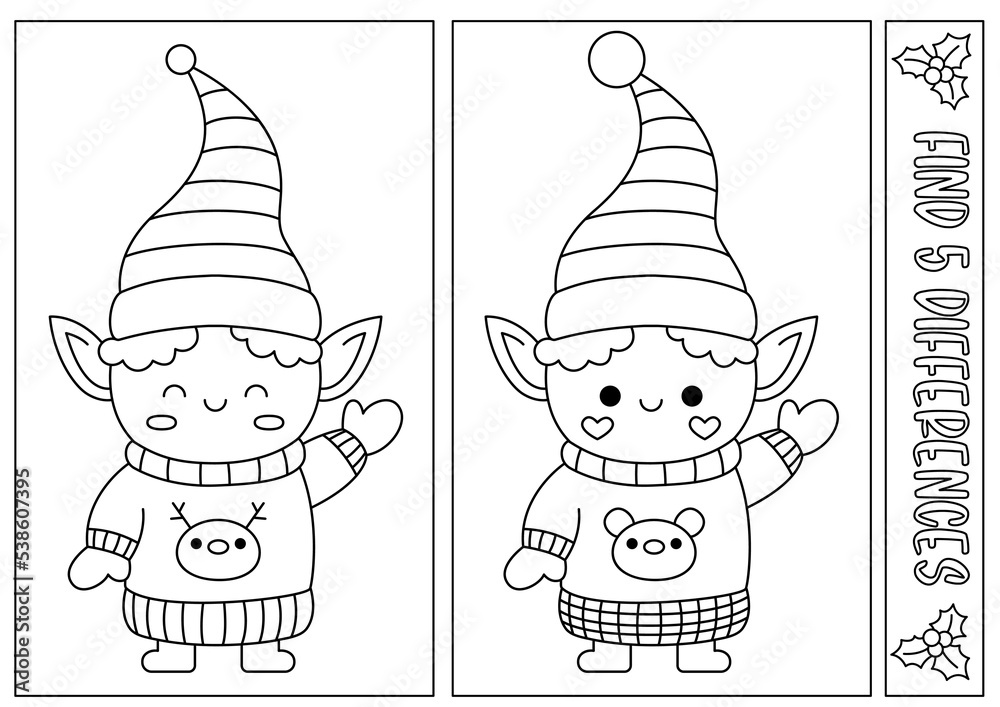 Christmas black and white find differences game for children attention skills activity with cute elf in stripy hat new year line puzzle or coloring page for kids what is different worksheet