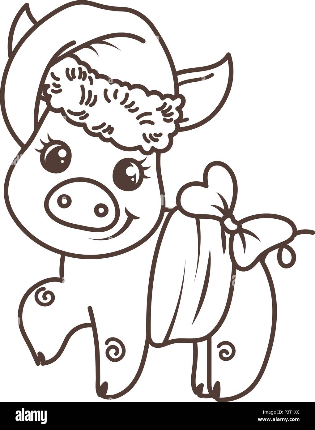 Happy new year card with cartoon baby pig in santa hat small vector symbol of holiday coloring page stock vector image art