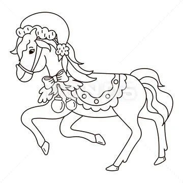 Christmas coloring page with horse character with santa hat and christmas d royalty free