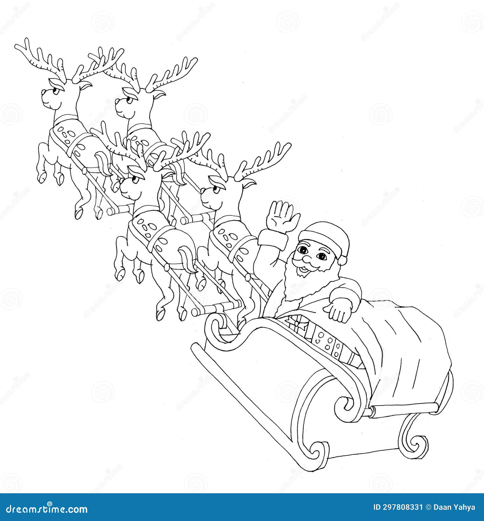 Coloring page of santa waving his arms on his reindeer sleigh stock illustration