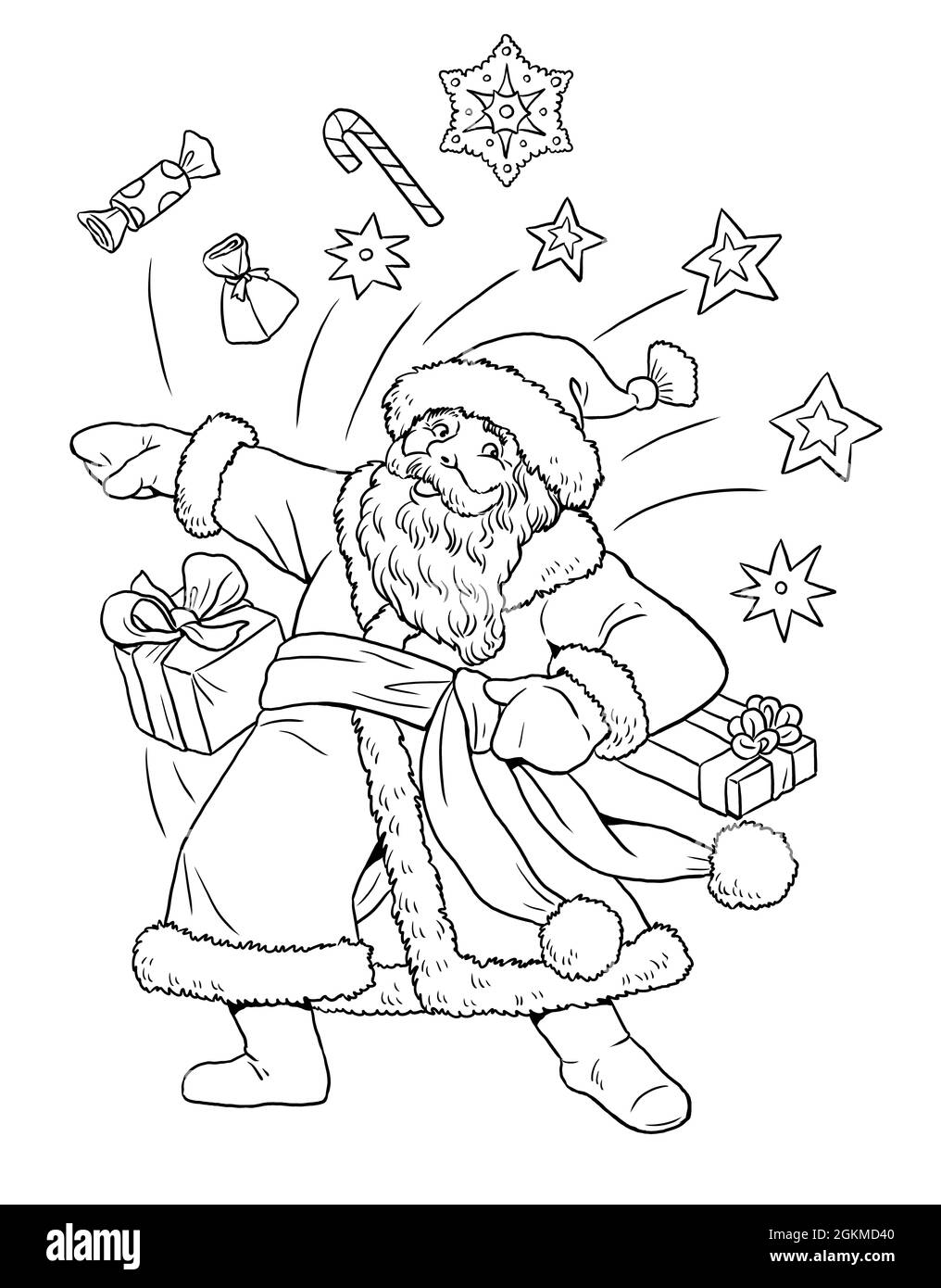 Funny dancing santa claus happy new year card christmas template for coloring stock photo