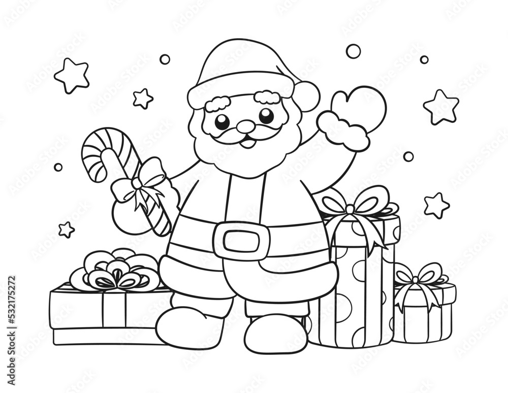Santa claus with gifts and candy cane outline line art doodle cartoon illustration winter christmas theme coloring book page activity for kids and adults vector