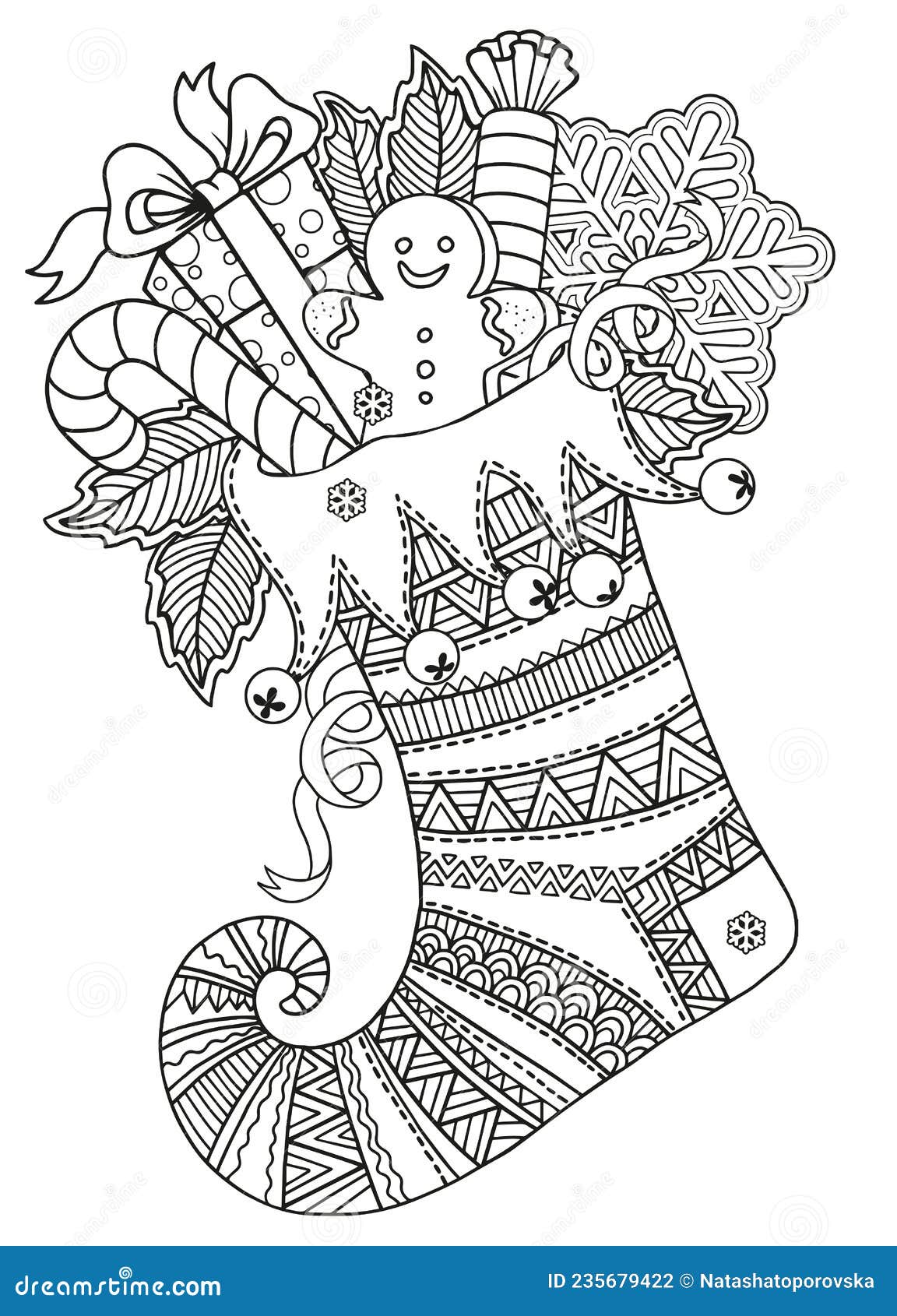 Cute knitted christmas sock with sweet gifts from santa claus vector mandala coloring page for adults page for stock vector
