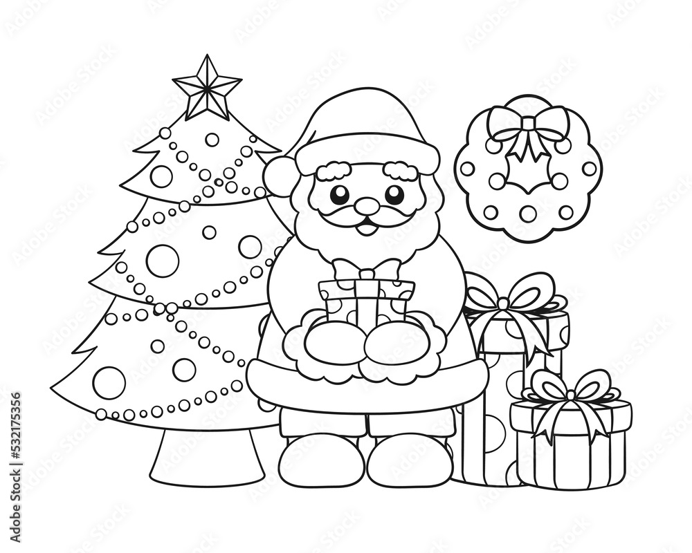 Santa claus with gifts wreath and christmas tree outline line art doodle cartoon illustration winter christmas theme coloring book page activity for kids and adults vector