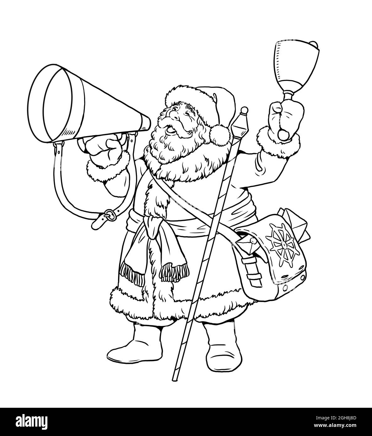 Santa claus with christmas bell happy new year card christmas template for coloring stock photo
