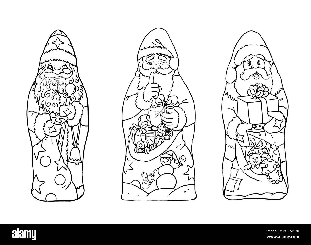 Set of chocolate santa clauses christmas template for coloring stock photo