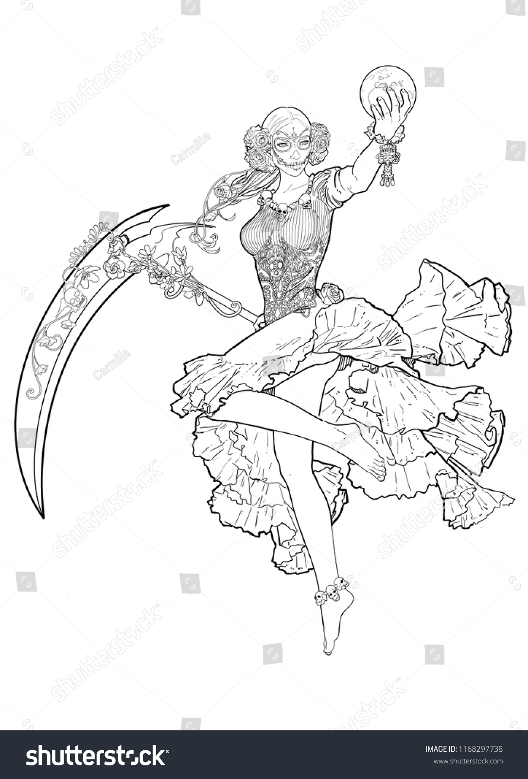 Mexican santa muerte line art coloring stock illustration