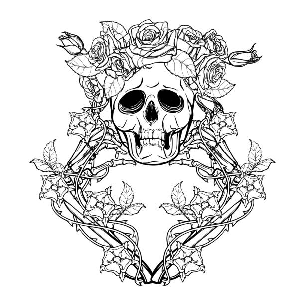 Halloween santa muerte human skull in a rose wreath and hand bones in dogrose garlands mystical character tattoo design isolated on white background stock illustration