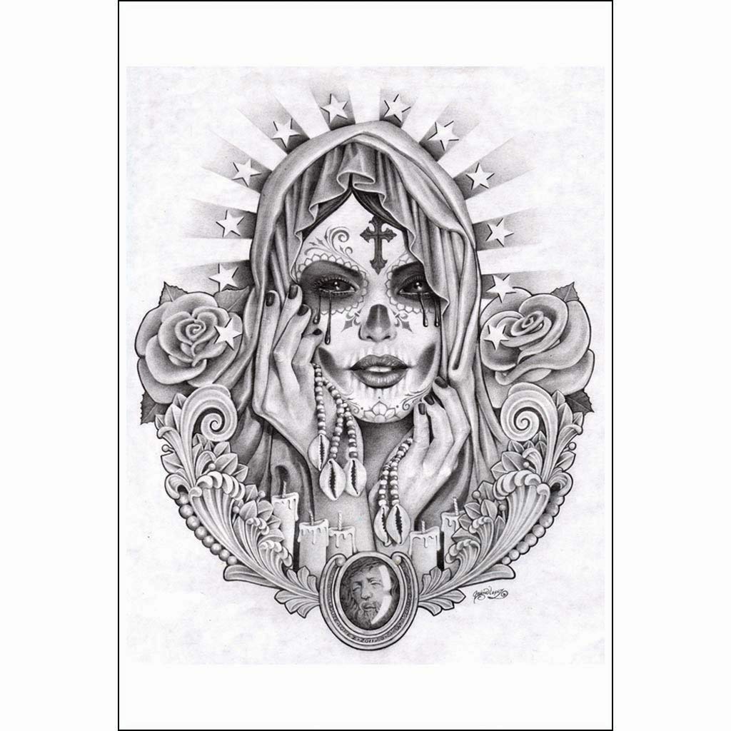 Santa muerte by mouse lopez black white mexican tattoo portrait wall art print chicano art books posters prints