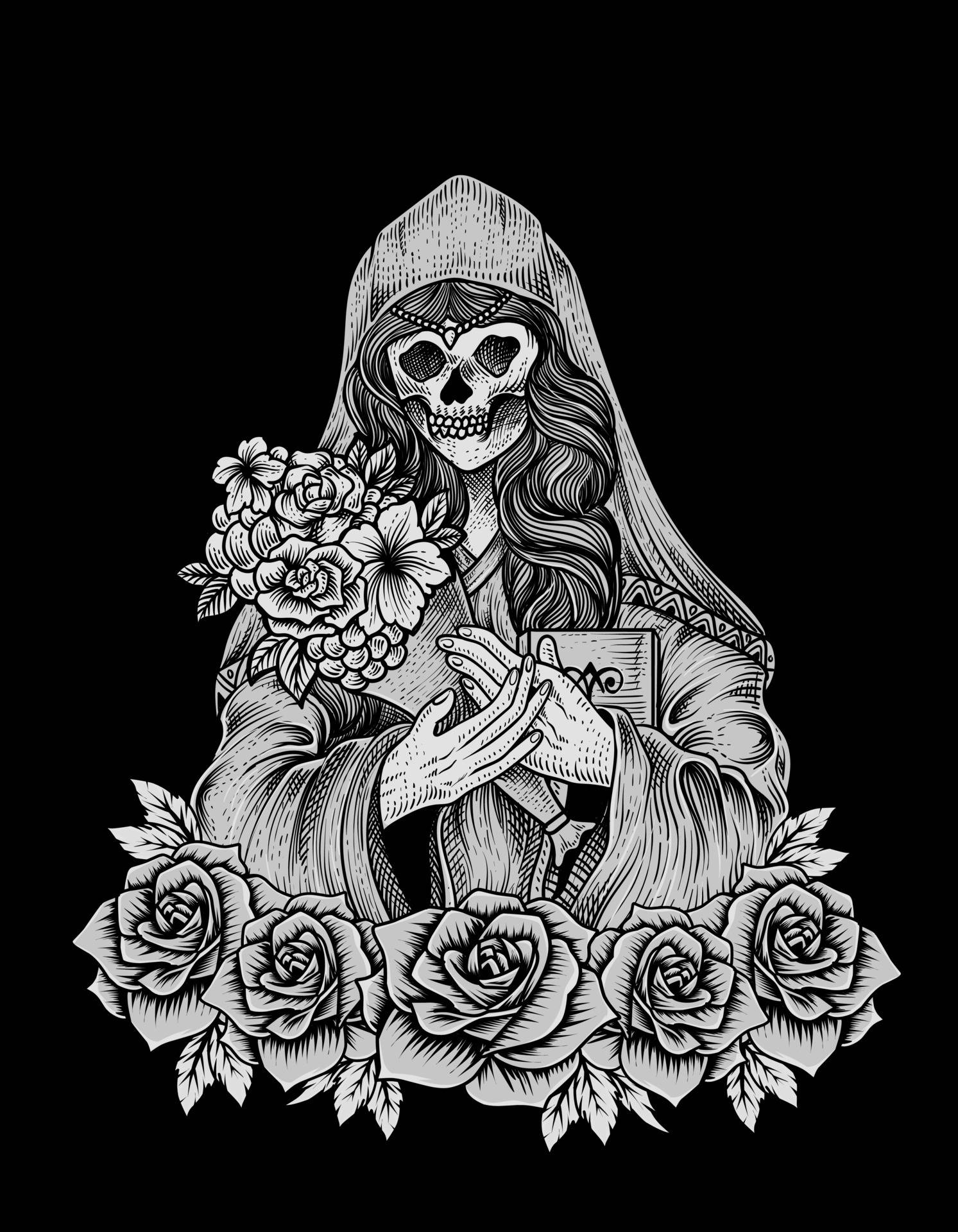Download a skeleton holding roses and a skull wallpaper