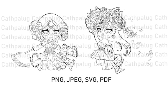 Digital stamp svg vector png santa muerte sugar girl skull catrina saint death day of the dead calavera coloring fantasy line art