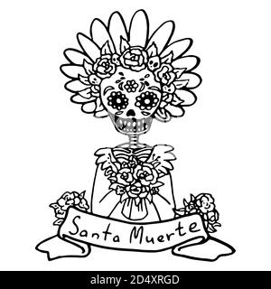 Outline santa muerte woman on white isolated backdrop santa muerte for invitation or gift card notebook bath tile scrapbook phone case or cloth p stock vector image art