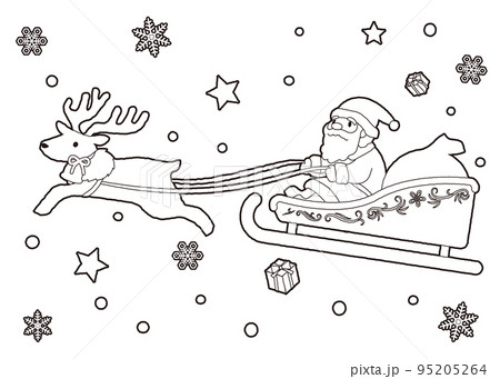 Coloring book santa claus and reindeer riding a