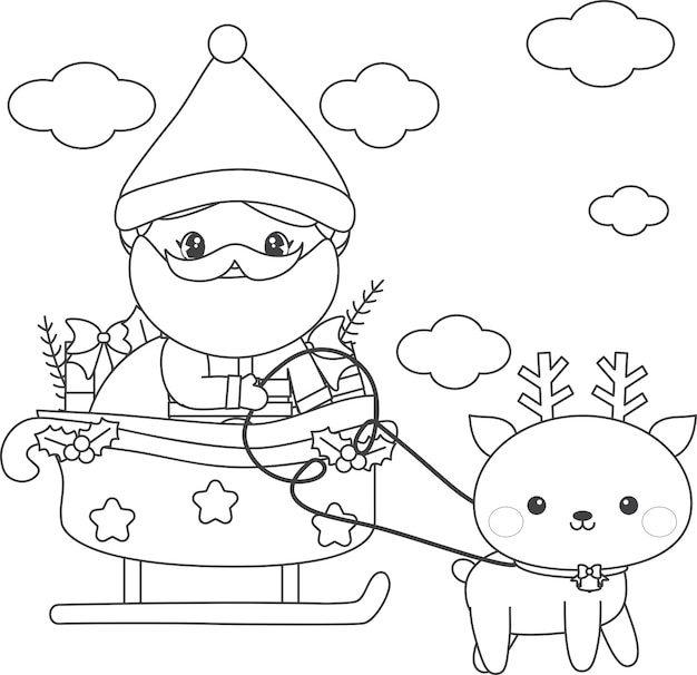 Premium vector christmas santa reindeer sleigh gifts coloring page