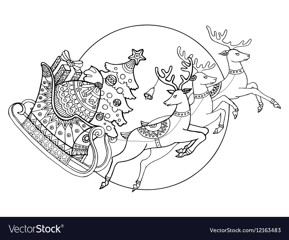 Christmas sleigh with reindeers coloring vector image
