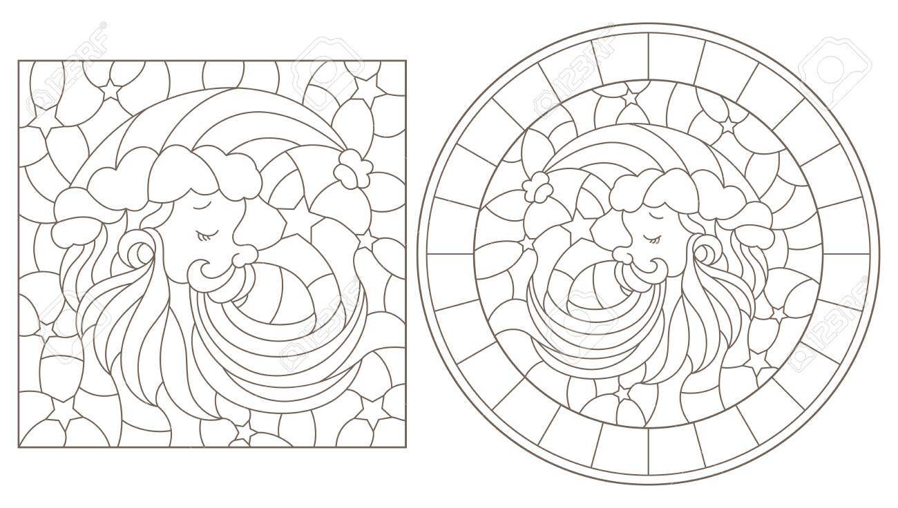 Set of contour illustrations of stained glass windows with santa claus dark outlines on a white background royalty free svg cliparts vectors and stock illustration image