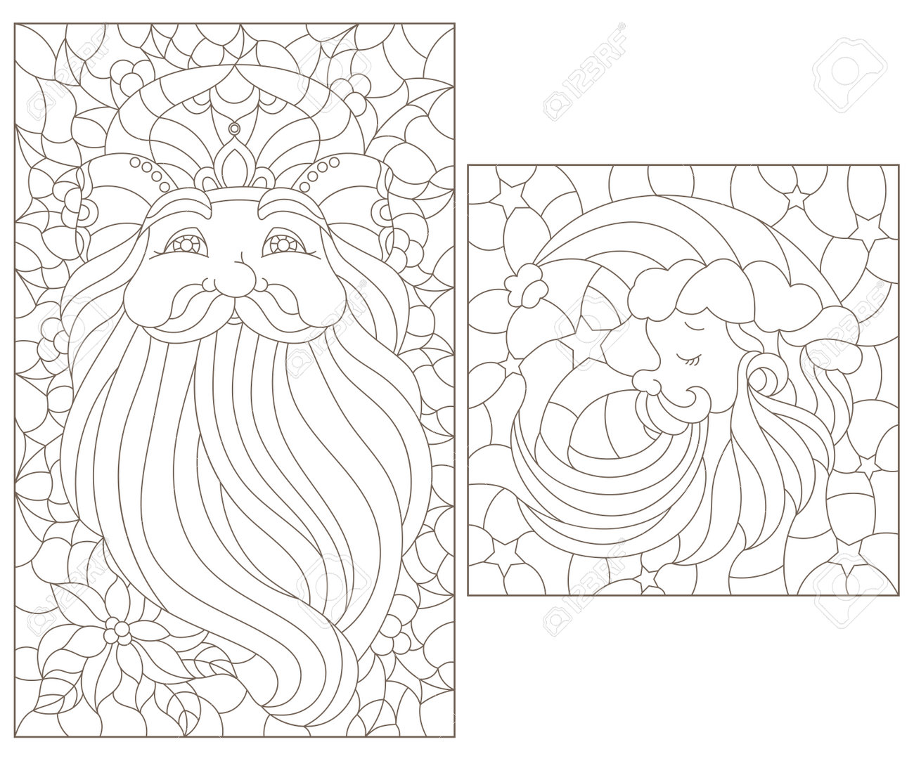 Set of contour illustrations of stained glass windows with portraits of santa claus dark outlines on a white background royalty free svg cliparts vectors and stock illustration image
