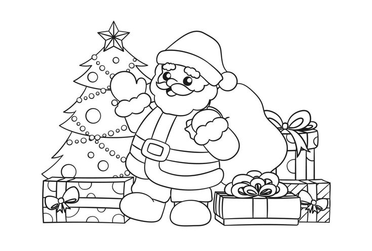 Santa claus waving and holding a sack of presents next to a christmas tree surrounded by colorful gift boxes â colorful gifts coloring book pages coloring books