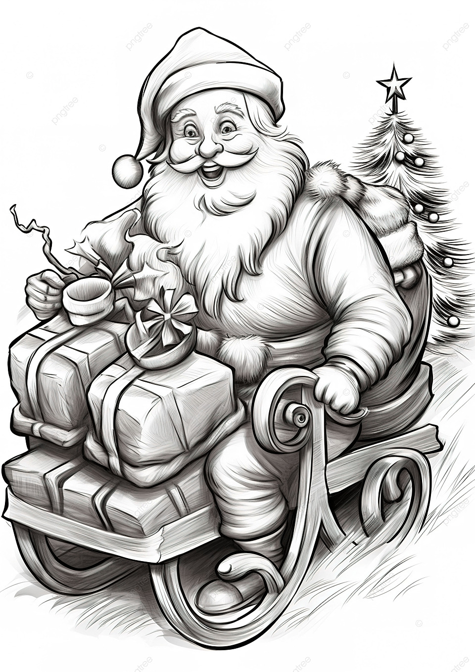 Cartoon santa claus pulling a sleigh gifts coloring page background wallpaper image for free download