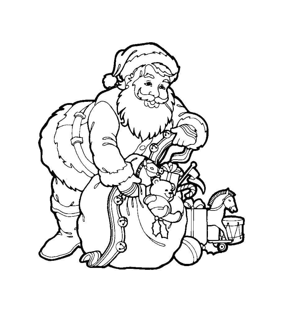 Santa claus and presents bag coloring page