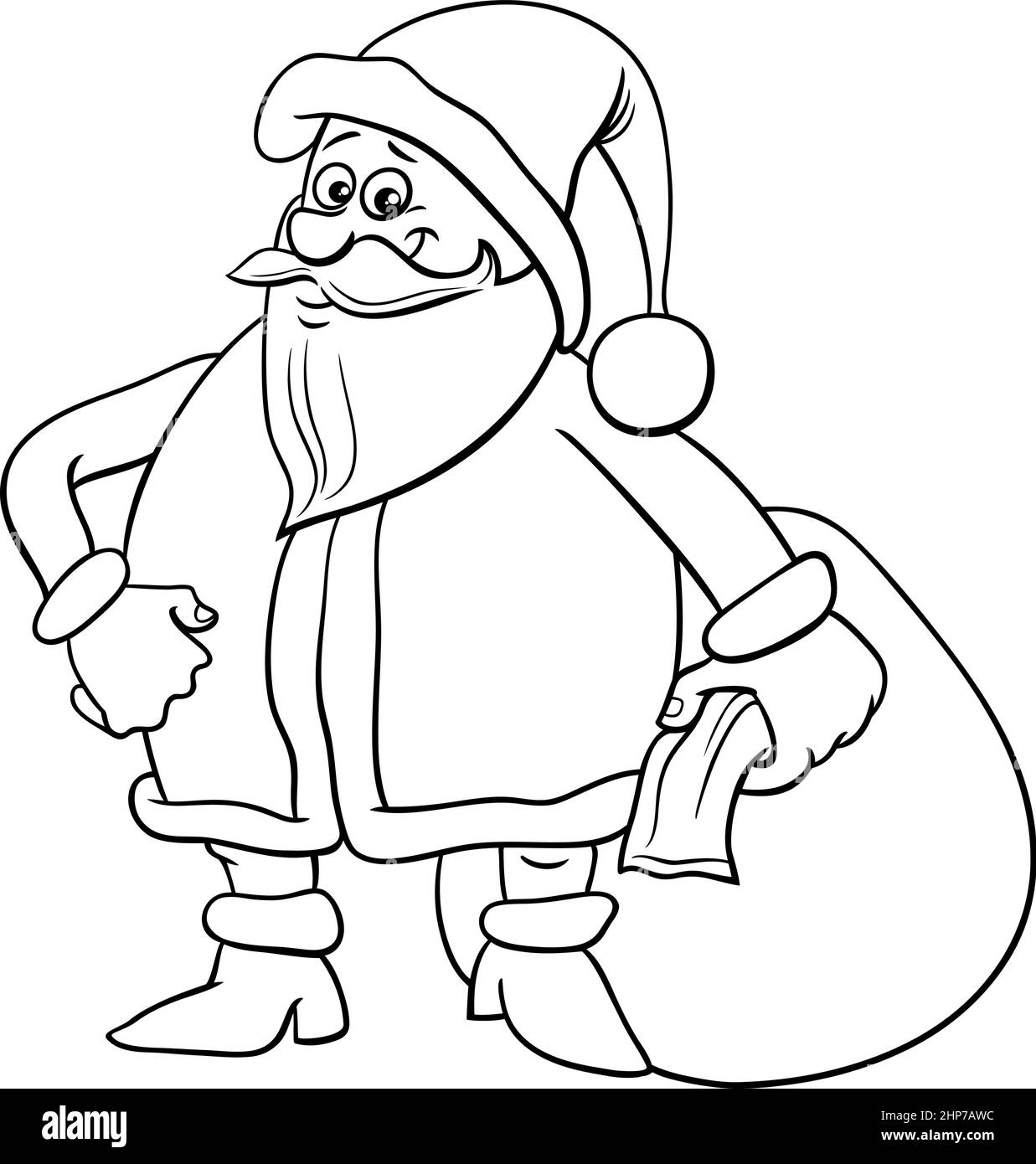 Cartoon santa claus with sack of presents coloring book page stock vector image art